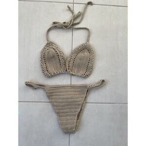 JMP Label Bikini Swim Cabo Crochet Pearl Triangle Swimsuit Pebble